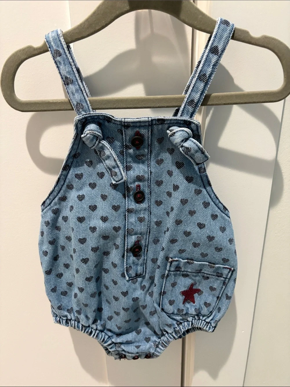 Heart-Print Denim Bubble Overalls - Blue